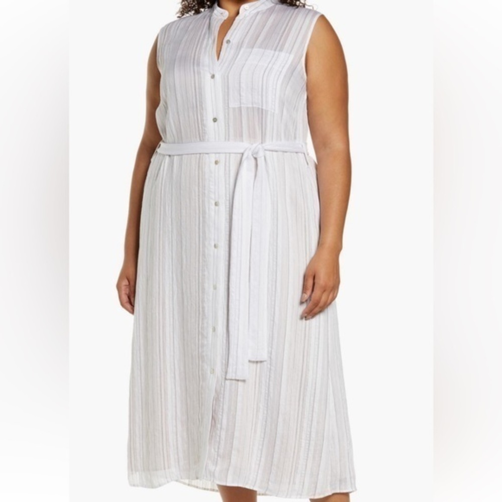 🆕VINCE Sheer Optic White Black Belted Summertime Sleeveless Shirtdress::NWOT::